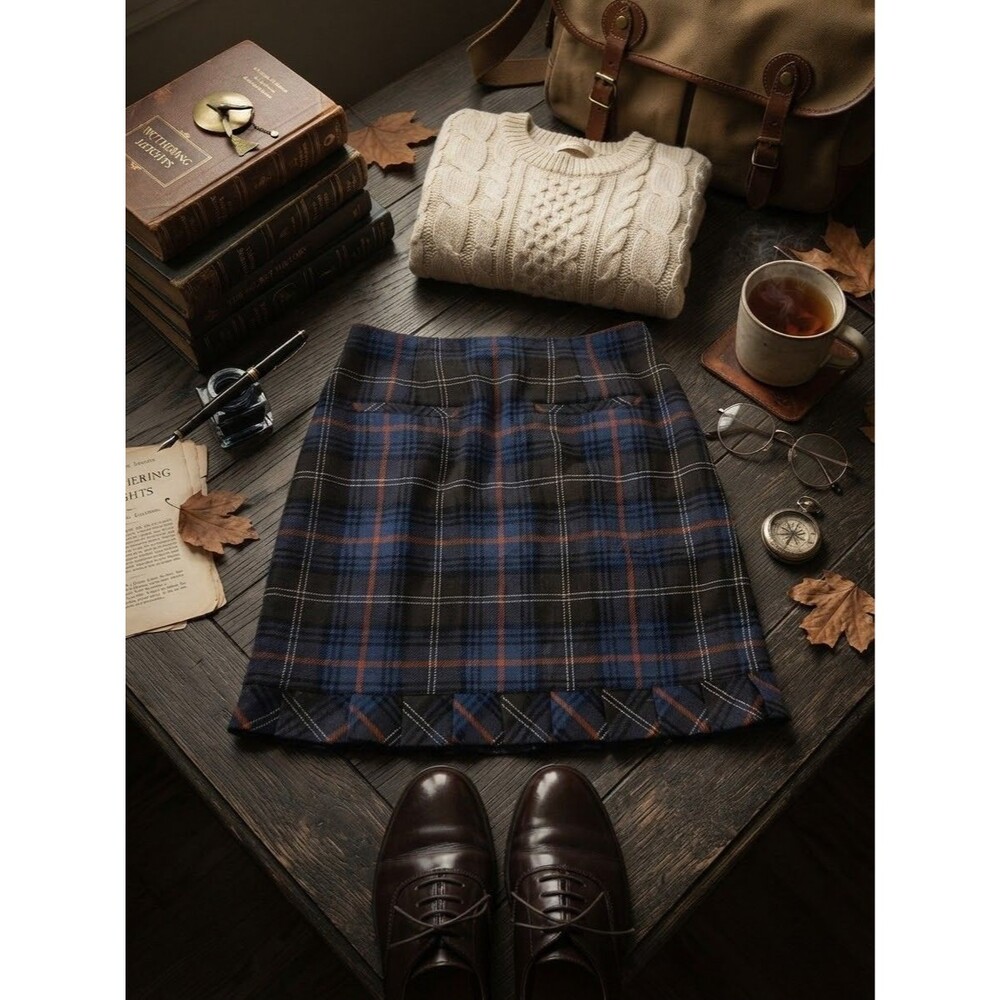 Cabi Plaid Wool Blend Pleated Mini Skirt 8 Blue Brown Academia Academia Fall